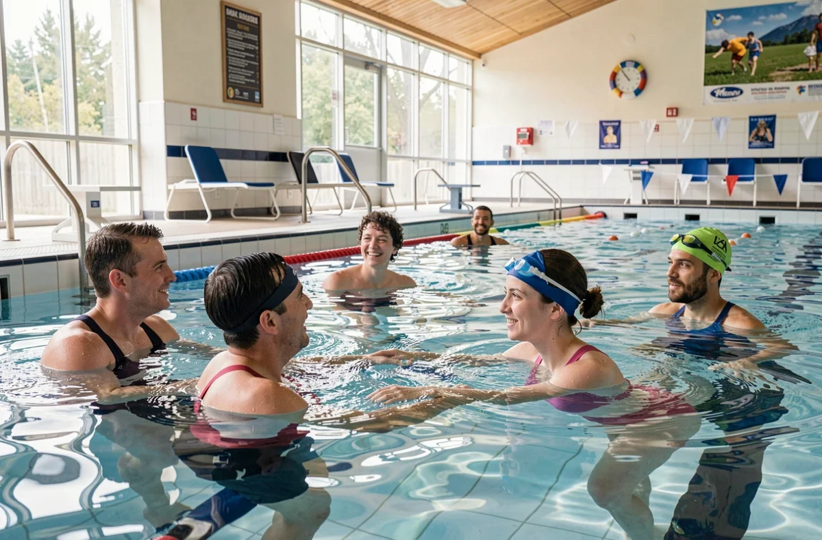 Adultes suivant un cours collectif de natation dans une piscine