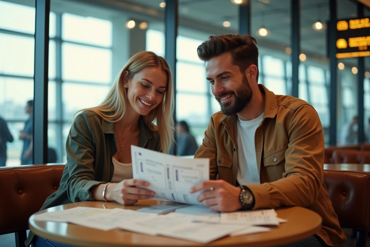 Deux voyageurs comparant leurs billets et itinéraire Air Egypt dans un café d'aéroport avant le départ