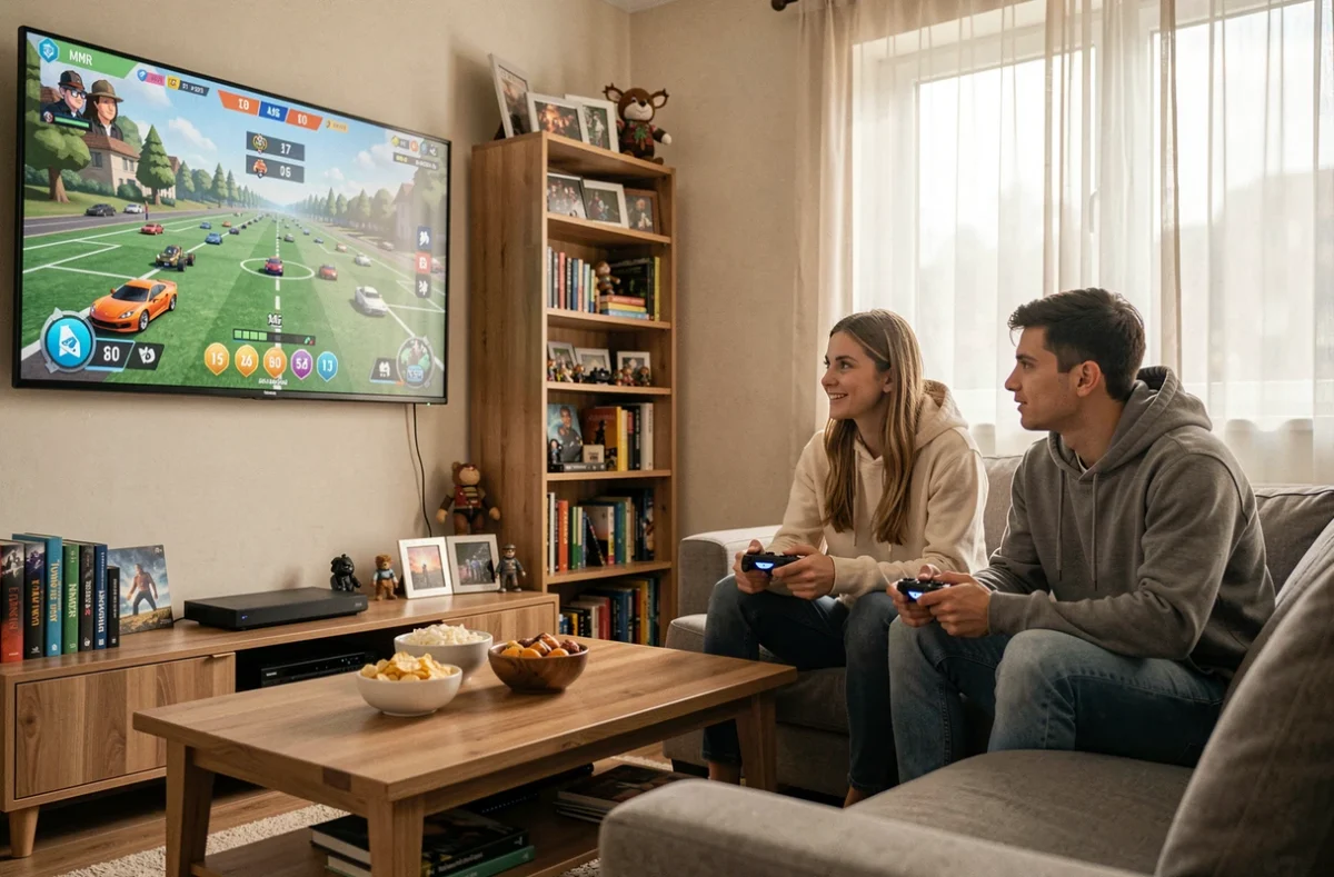 Deux amis jouant à Rocket League ensemble dans un salon, regardant les rangs MMR sur un grand écran TV
