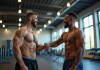 Deux amis sportifs souriants se serrant la main dans une salle de sport lumineuse