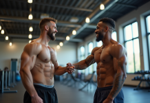 Deux amis sportifs souriants se serrant la main dans une salle de sport lumineuse