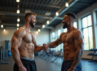 Parrainage Basic Fit : est-ce une bonne affaire pour les sportifs ? Deux amis sportifs souriants se serrant la main dans une salle de sport lumineuse