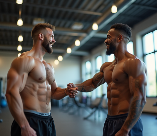 Deux amis sportifs souriants se serrant la main dans une salle de sport lumineuse