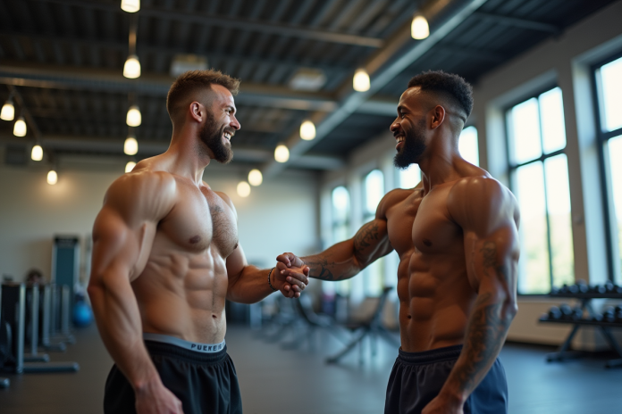 Deux amis sportifs souriants se serrant la main dans une salle de sport lumineuse