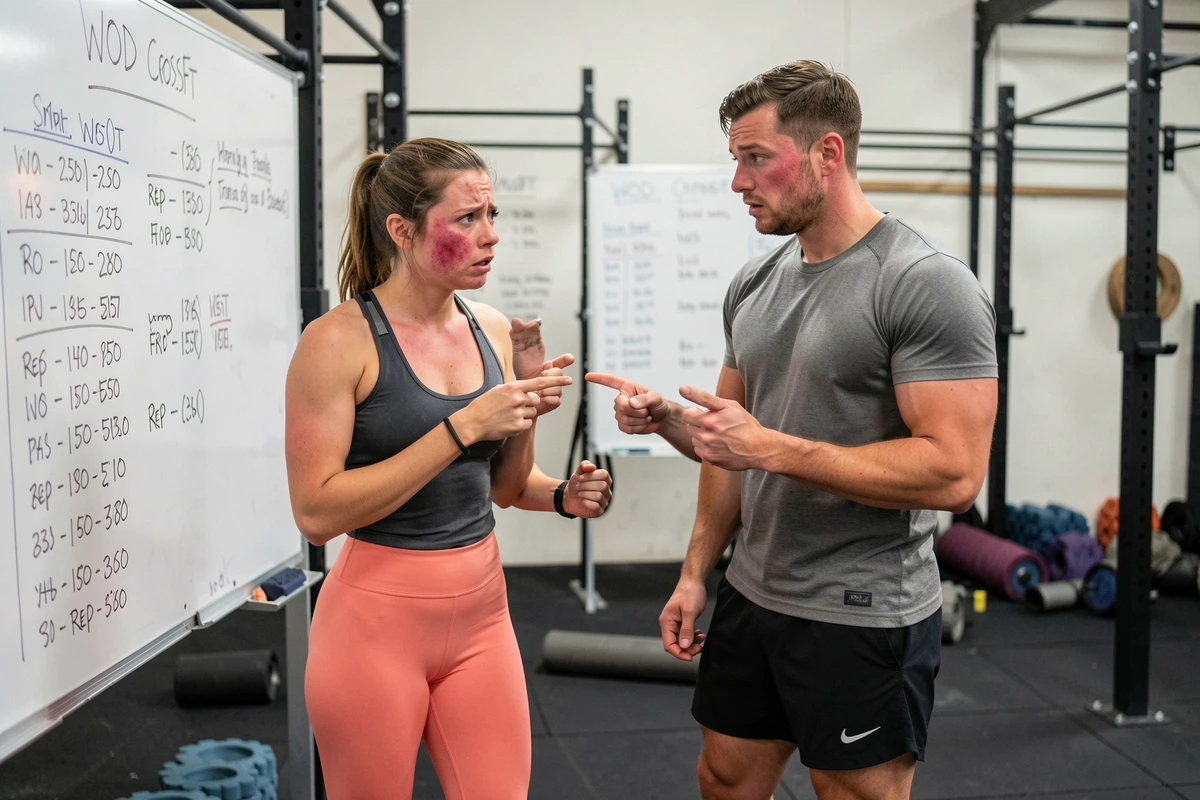 Deux athlètes CrossFit analysant leurs erreurs de performance sur un tableau de scores lors de l'Open 2026