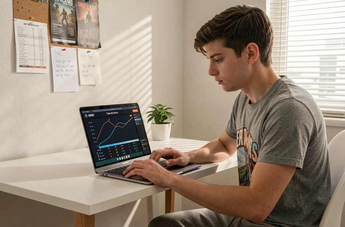 Jeune joueur analysant seul son progression de rang MMR sur un ordinateur portable dans sa chambre