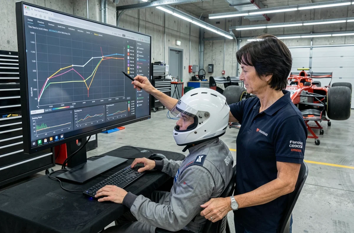 Coach de pilotage analysant les données de télémétrie avec un pilote débutant dans le garage d'un circuit de Formule 1