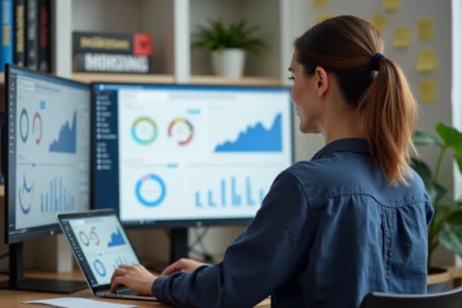 Femme analyste SEO consultant des tableaux de bord d'audience sur deux écrans dans un bureau moderne