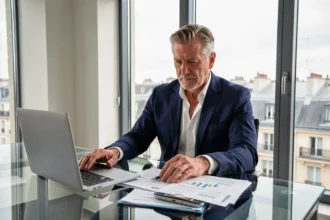 Ancien joueur de rugby français en costume devant des documents financiers dans un bureau moderne à Paris