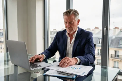 Ancien joueur de rugby français en costume devant des documents financiers dans un bureau moderne à Paris