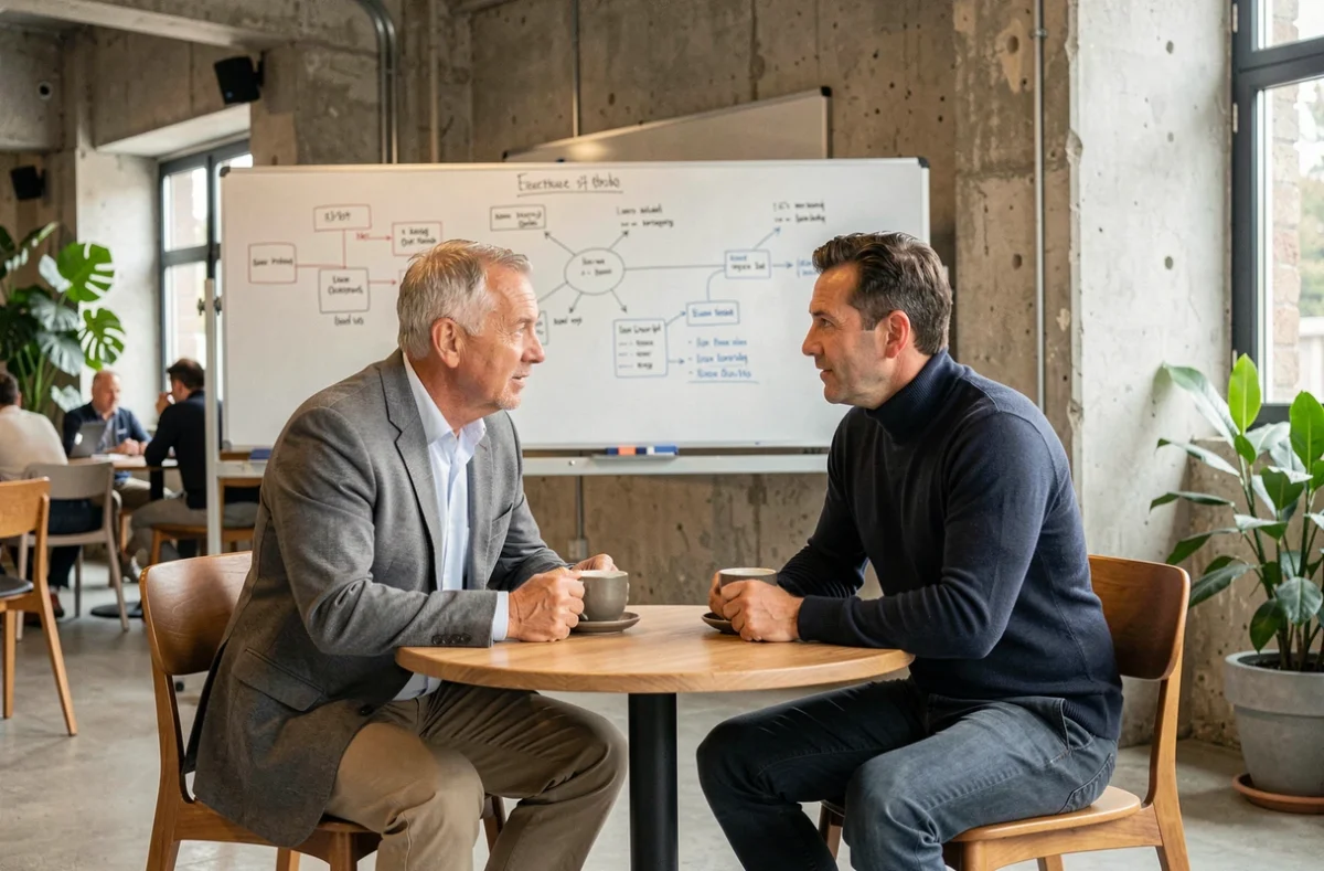 Deux anciens rugbymen français discutant d'une stratégie d'investissement dans un espace de coworking à Lyon