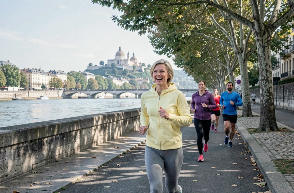 Angélique Alaimo coach sportive encadrant un groupe de course à pied sur les quais du Rhône à Lyon