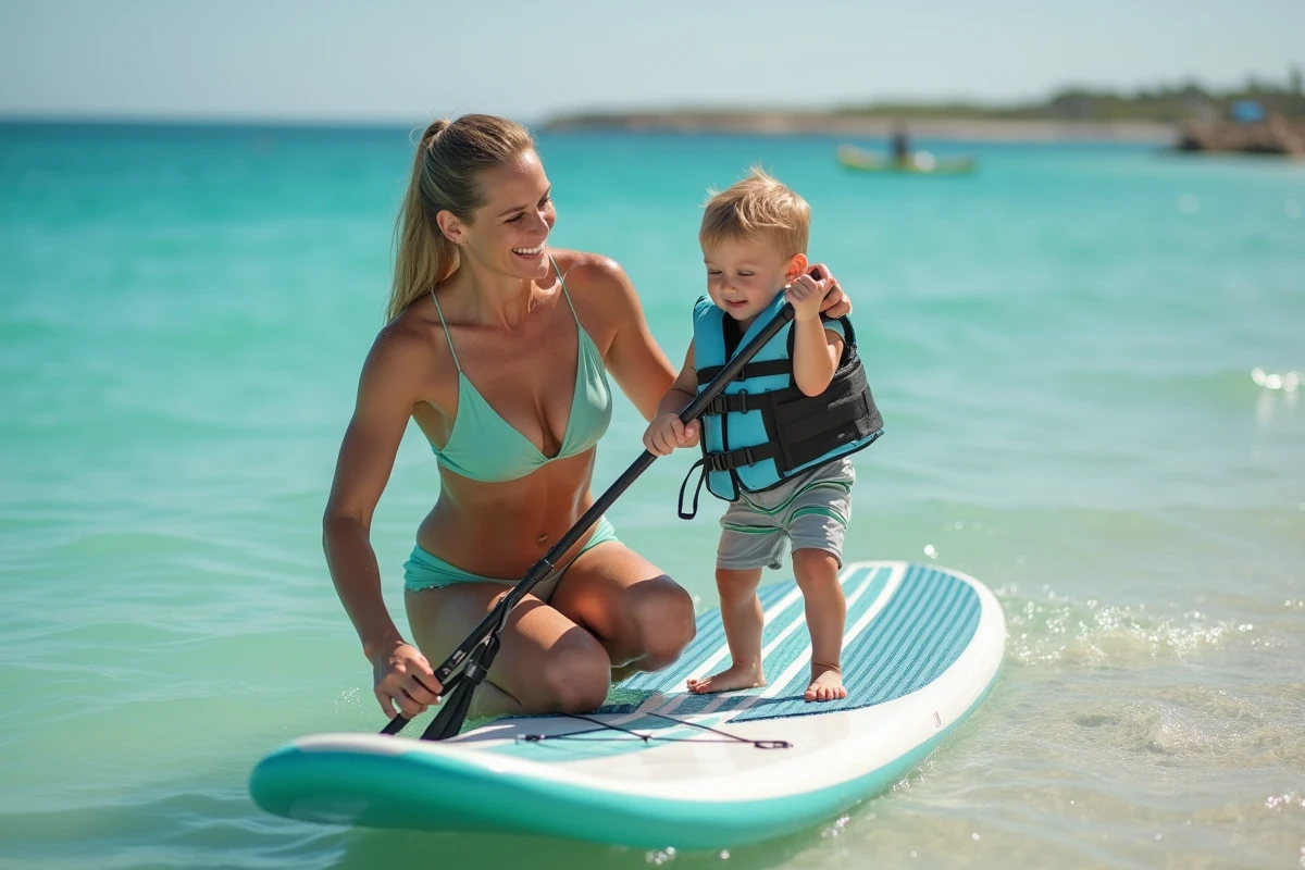 Mère aidant son jeune fils à se lever sur un stand-up paddle en bord de mer, eau turquoise et plage en arrière-plan