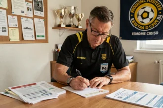 Arbitre de football vérifiant des licences et documents d'assurance dans un bureau administratif du district Haute Loire