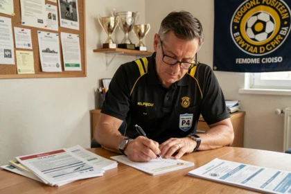 Arbitre de football vérifiant des licences et documents d'assurance dans un bureau administratif du district Haute Loire