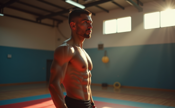 Ilia artiste martial musclé en salle en plein jour