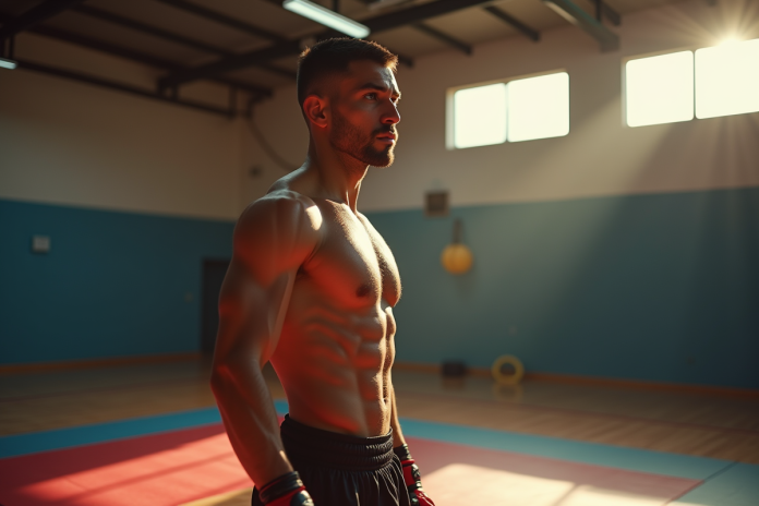 Ilia artiste martial musclé en salle en plein jour