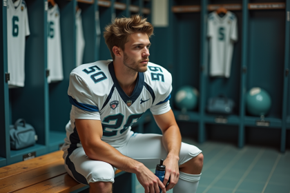 Jeune athlète en uniforme de football dans le vestiaire