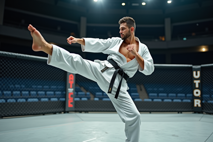 Athlète masculin en karaté effectuant un coup de pied dans une arène