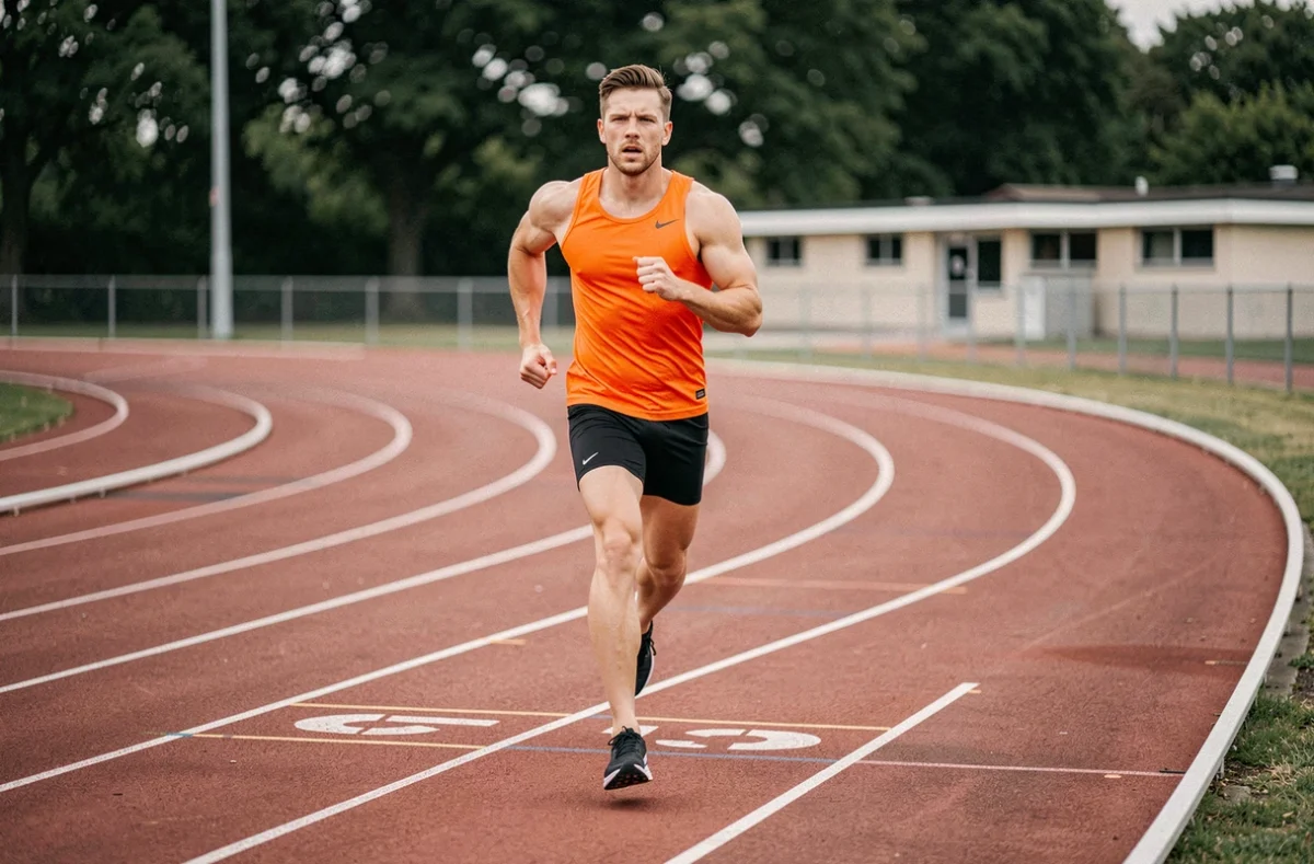 Athlète en plein effort sur une piste d'athlétisme mesurant son allure de course pour convertir sa vitesse en min/km