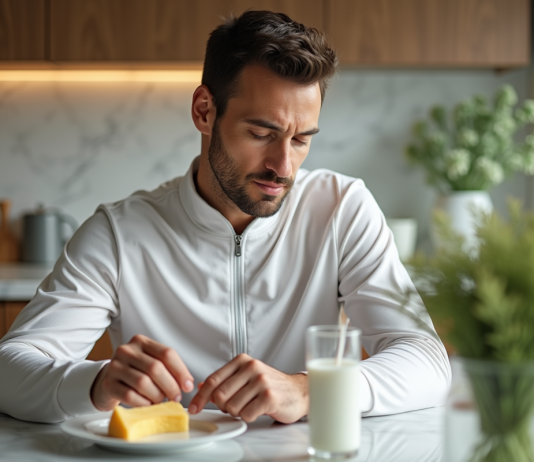 Produits laitiers : pourquoi Djokovic les évite-t-il ? Athlète en salle moderne avec fromage et lait