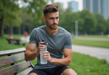 Jeune athlète buvant dans un parc urbain en pleine nature