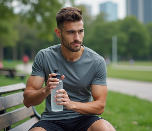 Jeune athlète buvant dans un parc urbain en pleine nature