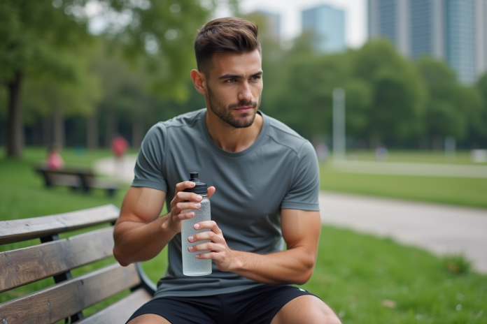 athlete-sport-bouteille-parc Jeune athlète buvant dans un parc urbain en pleine nature