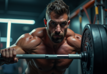 Athlète musclé effectuant un deadlift dans une salle moderne