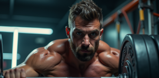 Athlète musclé effectuant un deadlift dans une salle moderne