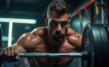 Athlète musclé effectuant un deadlift dans une salle moderne