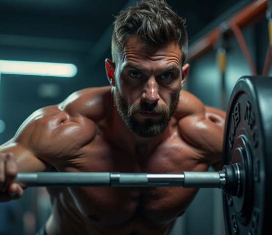 Athlète musclé effectuant un deadlift dans une salle moderne