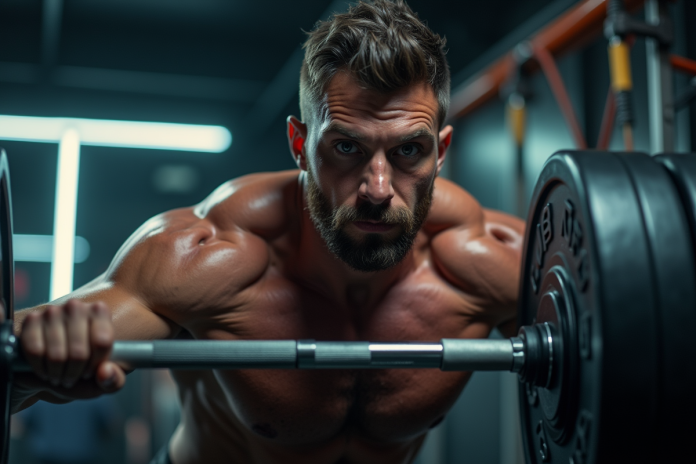 Athlète musclé effectuant un deadlift dans une salle moderne