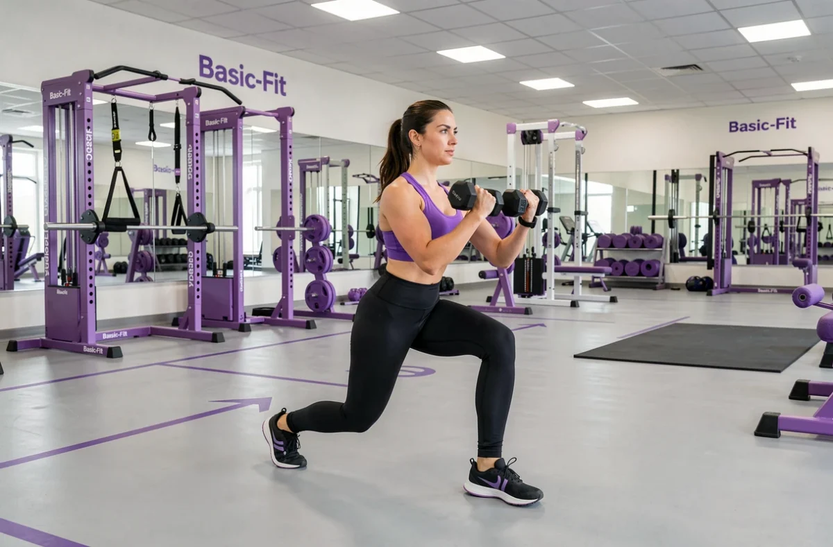 Salle Basic-Fit en Seine-Saint-Denis avec équipements violets et blancs modernes et membre effectuant des fentes avec haltères
