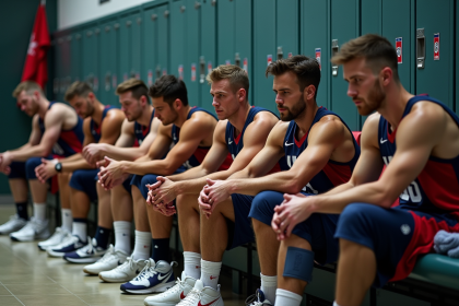 Groupe de joueurs de basketball américains déçus après un match