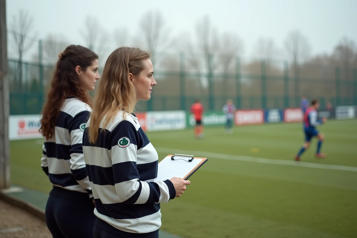 Deux bénévoles de CA Libre Rugby observent un entraînement du CA Brive depuis le bord du terrain