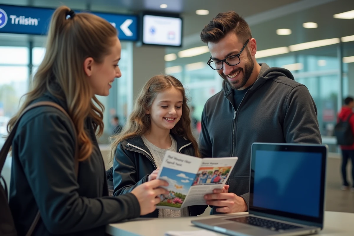 Père et fille examinant brochures de billets au comptoir