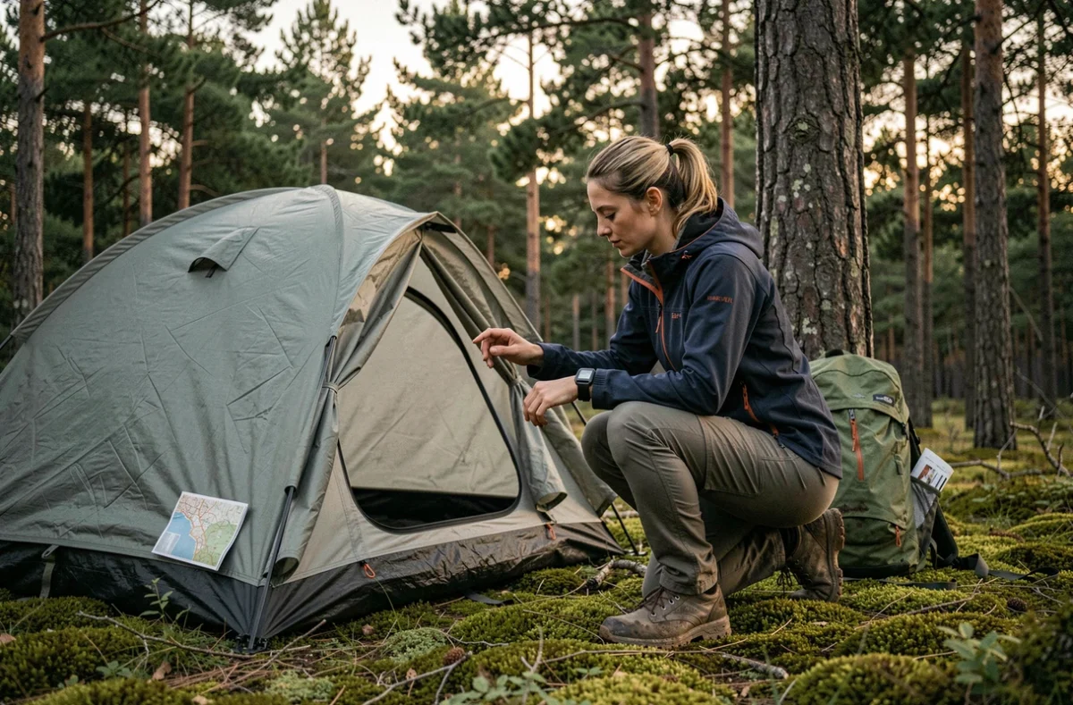 Femme installant un bivouac en forêt avec montre GPS au poignet visible au crépuscule