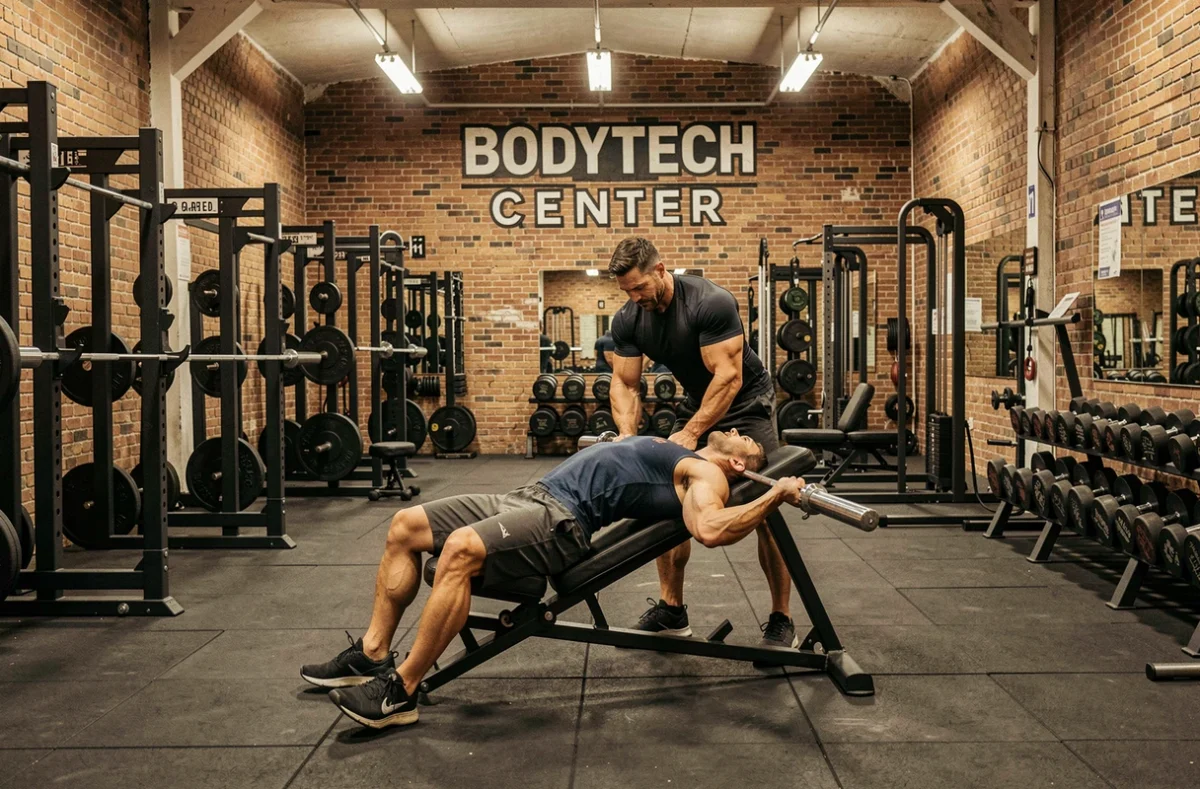 Centre de musculation Bodytech Center à Saint-Denis avec espace haltères et membres en séance de bench press
