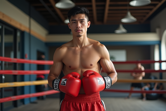 boxeur-jeune-sportif-gym Jeune boxeur confiant dans un gymnase moderne