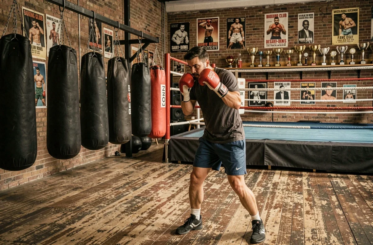 Salle de boxe du Boxing Club de Saint-Denis avec ring central, sacs de frappe et boxeur en position de combat