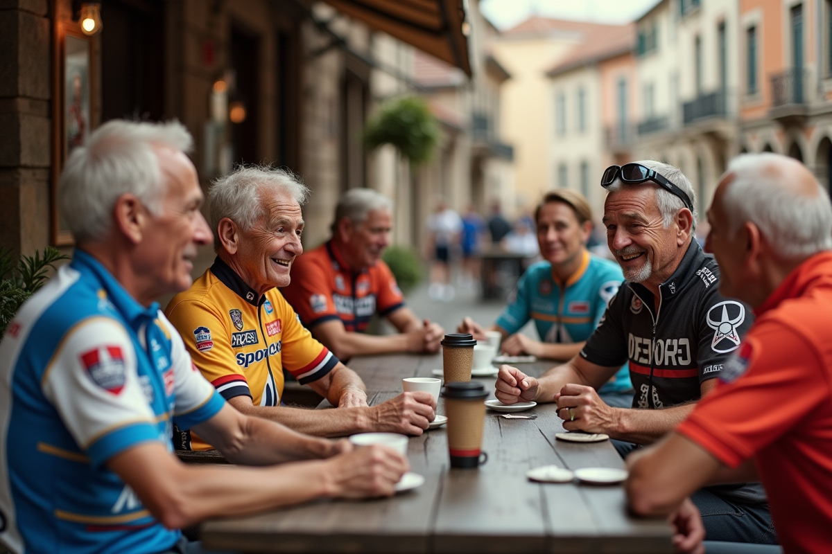 Cyclistes retraités en tenue vintage au café