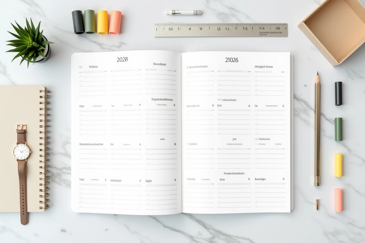 Vue de dessus d'un calendrier annuel 2026 imprimé entouré d'outils de planification sur un bureau en marbre blanc