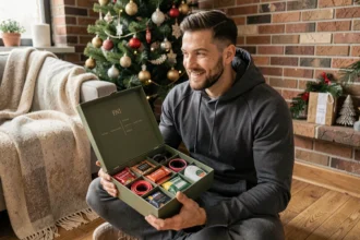 Homme sportif découvrant un calendrier de l'Avent dédié au sport et au bien-être masculin au pied du sapin de Noël