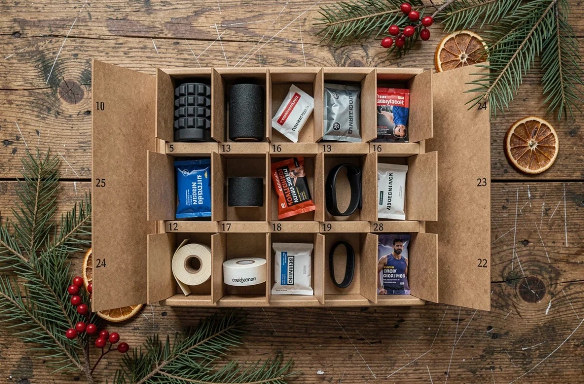 Calendrier de l'Avent pour homme sportif ouvert en vue de dessus révélant des accessoires fitness et bien-être miniatures