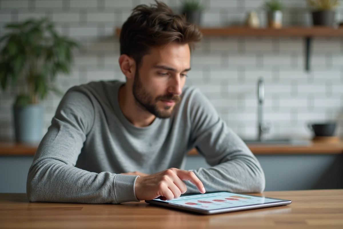 Personne utilisant un calendrier interactif 2026 sur tablette numérique à une table de cuisine en bois