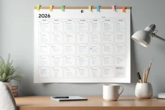 Calendrier mural 2026 imprimé avec annotations manuscrites sur un tableau en liège dans un bureau moderne
