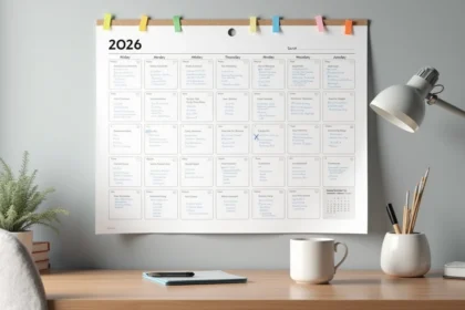 Calendrier mural 2026 imprimé avec annotations manuscrites sur un tableau en liège dans un bureau moderne