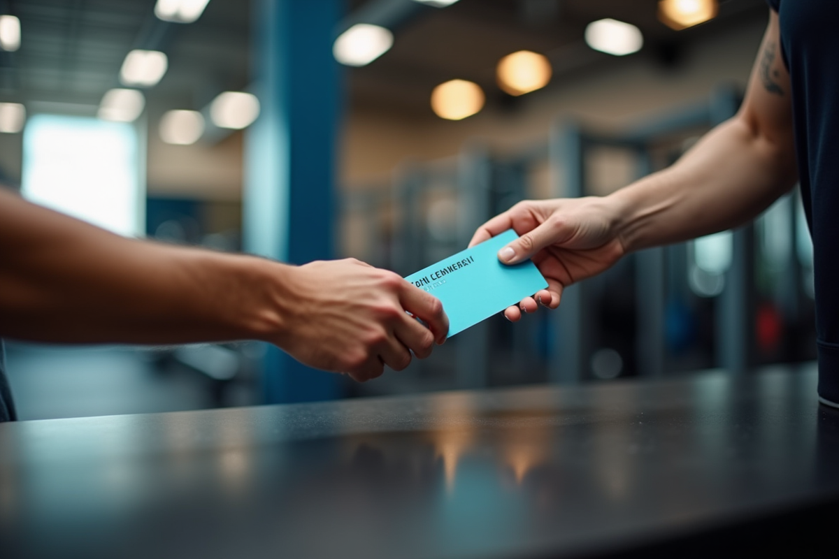 Passation de la carte de membre de gym entre deux personnes au comptoir