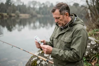 Pêcheur en waders examinant sa carte de pêche au bord d'une rivière française en 2026